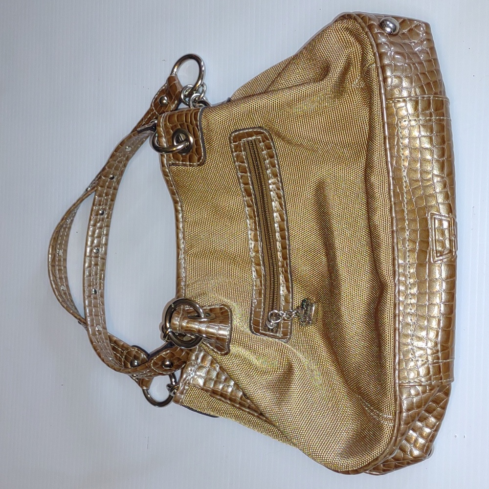 VINTAGEโฎ KATHY VAN ZEELAND Gold Fabric/Croc Leather Hobo - Picture 3 of 13